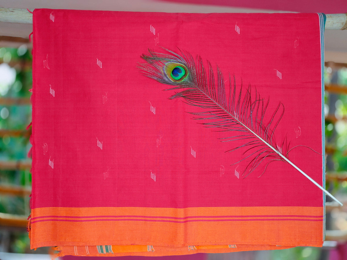SriNakshGeeth Udupi Handloom GI Tagged Saree – Pink & Orange Sudha Special 60 Count (Leaf Motif Embroidery)