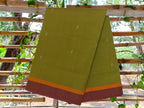 SriNakshGeeth Udupi Handloom GI Tagged Saree – Mustard & Parrot Green Kalpana Special 60 Count with leaf motif hand embroidery