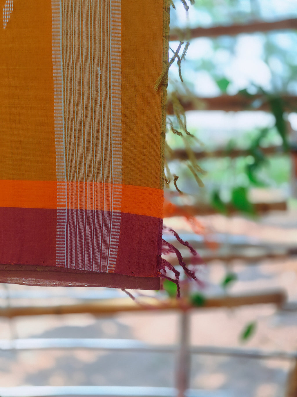 SriNakshGeeth Udupi Handloom GI Tagged Saree – Mustard & Parrot Green Kalpana Special 60 Count with leaf motif hand embroidery