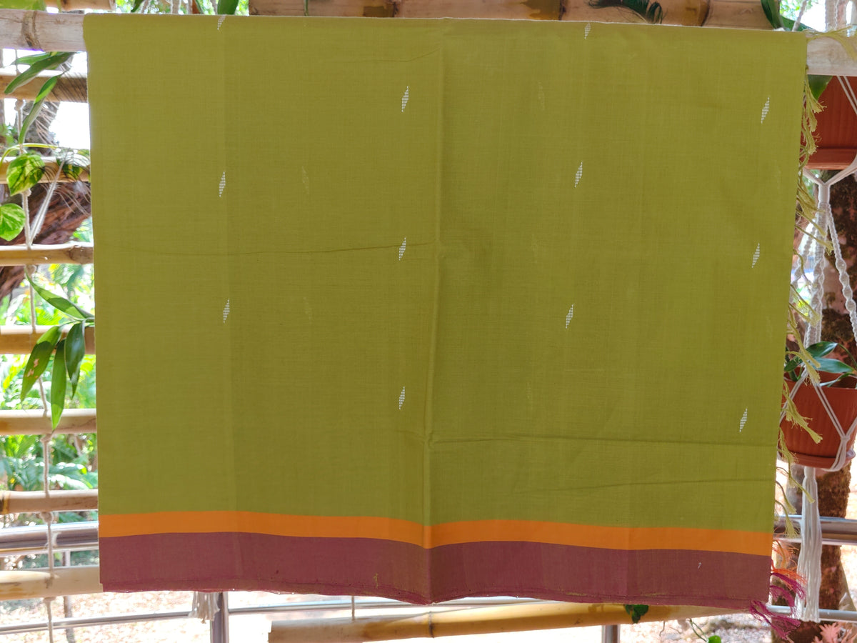 SriNakshGeeth Udupi Handloom GI Tagged Saree – Mustard & Parrot Green Kalpana Special 60 Count with leaf motif hand embroidery