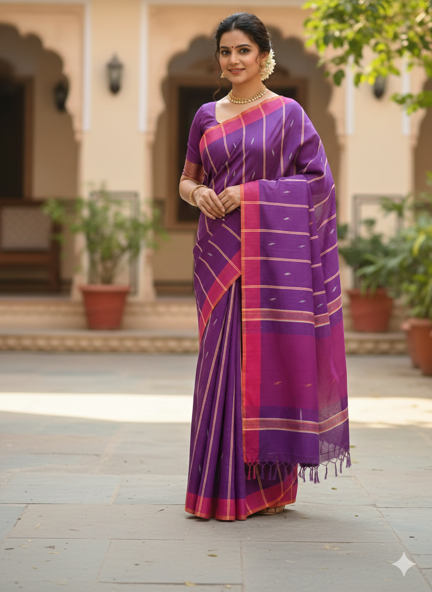 SriNakshGeeth Udupi Handloom GI Tagged Saree – Dark Lavender & Deep Pink Sudha Special 60 Count