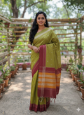 SriNakshGeeth Udupi Handloom GI Tagged Saree – Mustard & Parrot Green Kalpana Special 60 Count with leaf motif hand embroidery