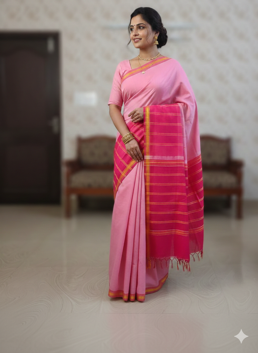 SriNakshGeeth Udupi Handloom GI Tagged Saree – Soft Blush Pink & Deep Coral Red Sudha Special 60 Count