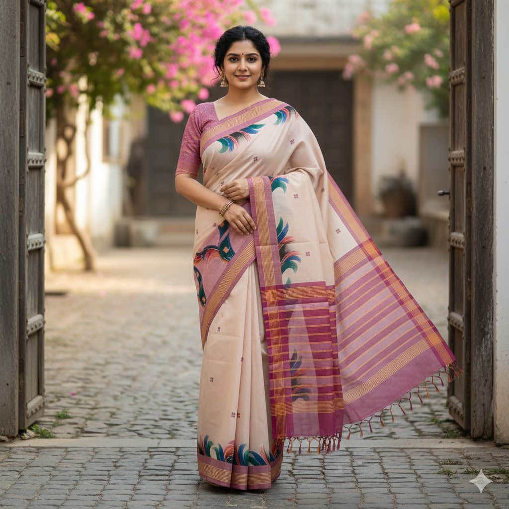 SriNakshGeeth Udupi Handloom GI Tagged Saree – Pearl Sudha Special 60 Count with Hand Embroidery Classic Butta & Hand-Painted Pallu