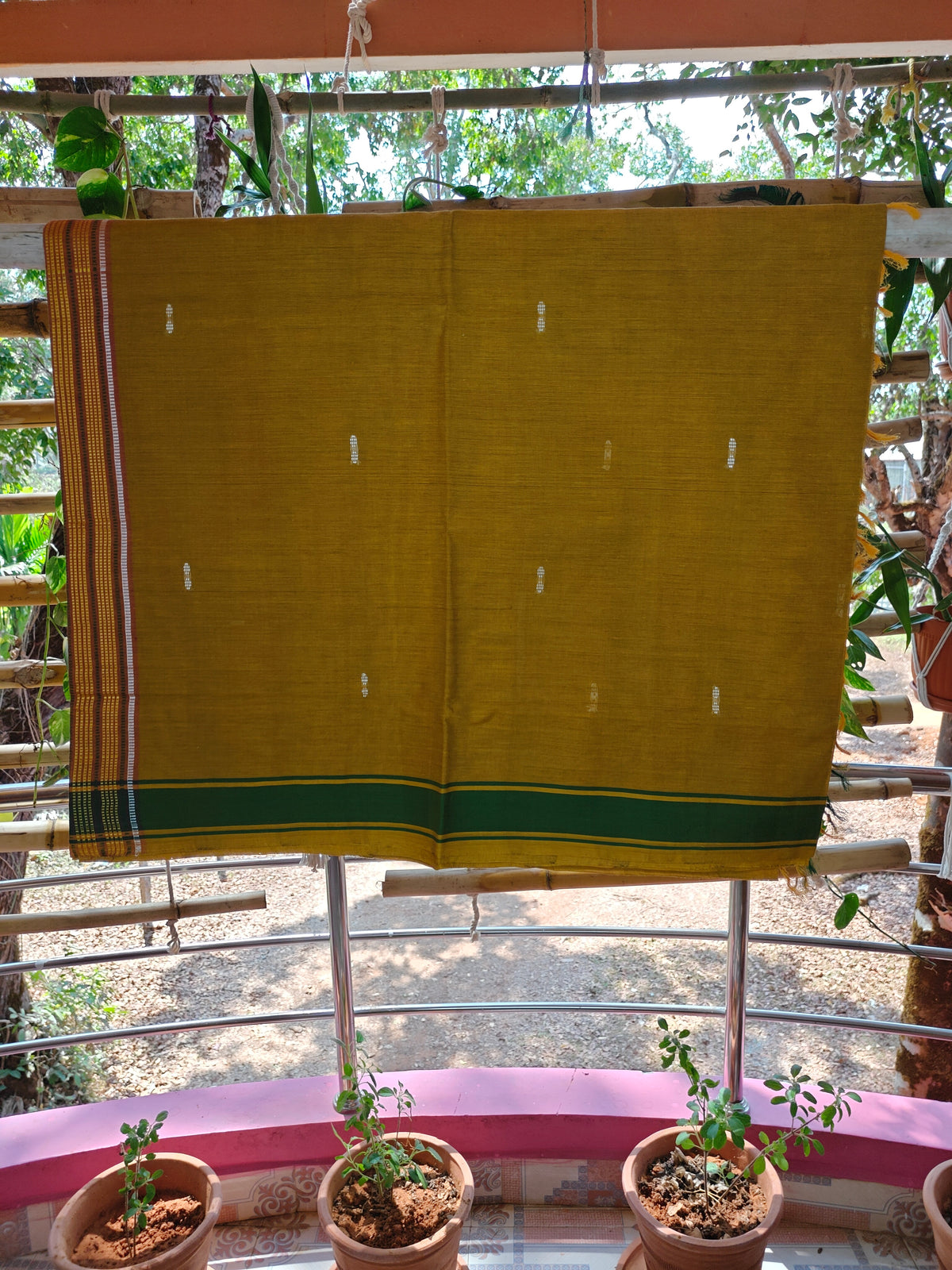SriNakshGeeth Udupi Handloom GI Tagged Saree – Mehandhi Green Kalpana Special 60 Count with Chandrika Drop Butta