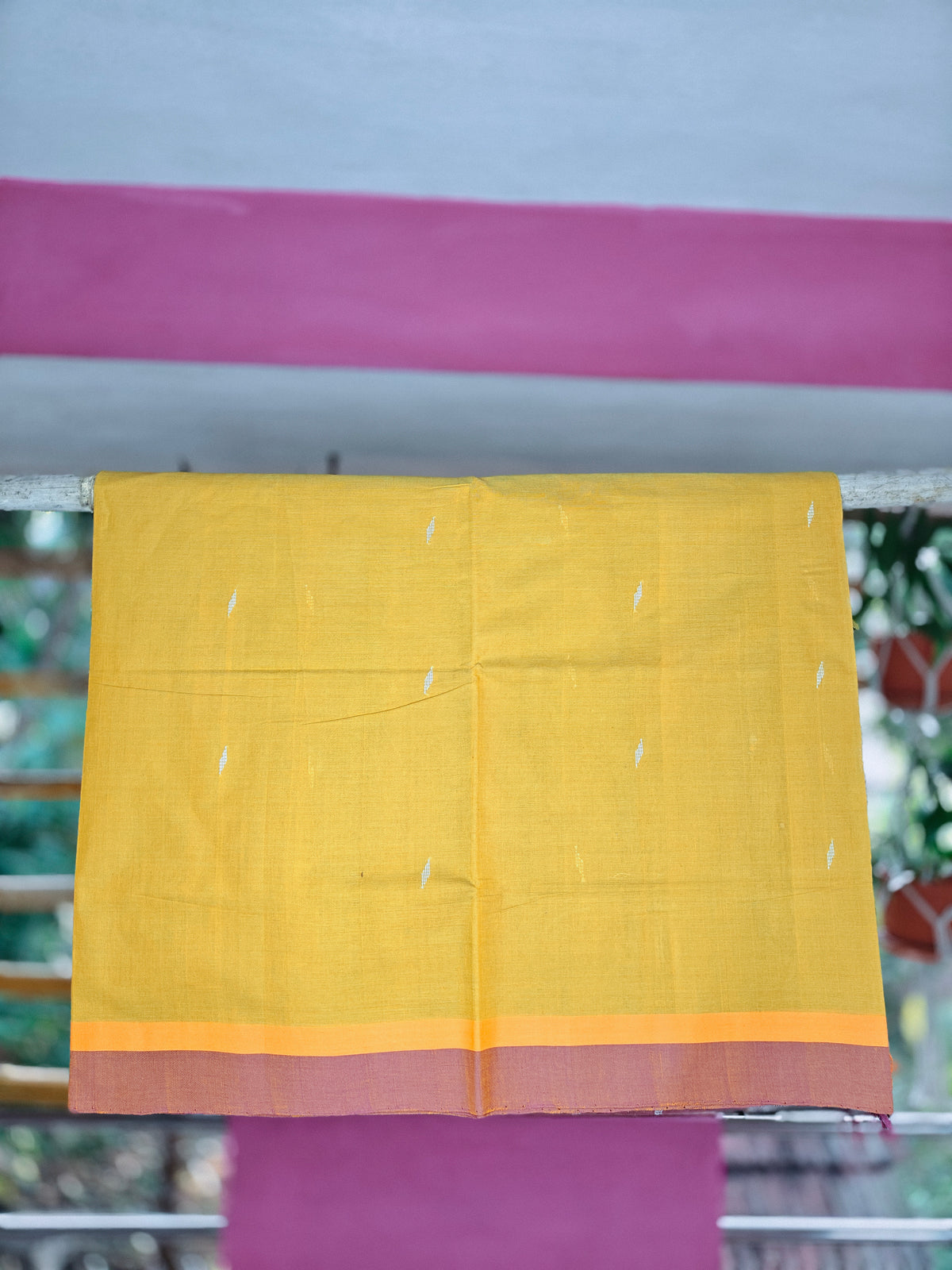 SriNakshGeeth Udupi Handloom GI Tagged Saree – Mustard Yellow with Mahanadi Green Kalpana Special 60 Count(Leaf Motif Embroidery)