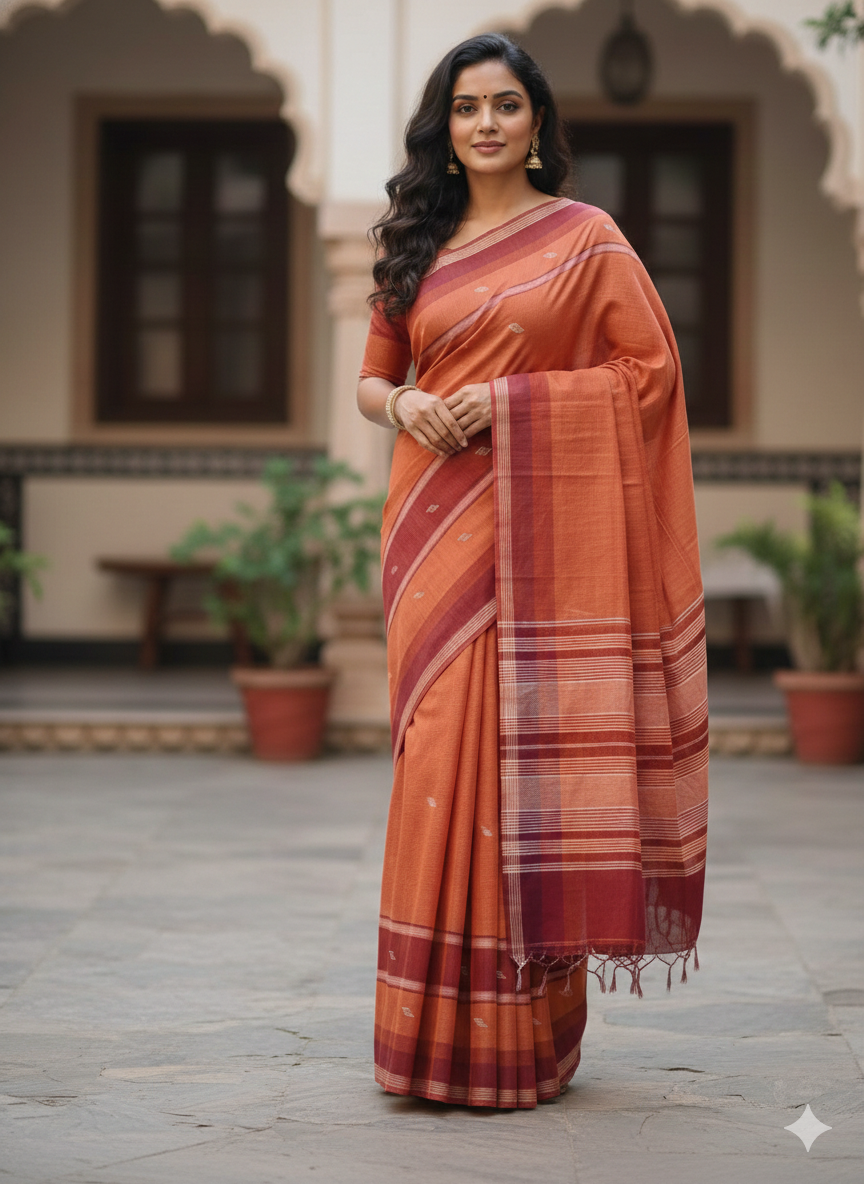 SriNakshGeeth Udupi Handloom  GI Tagged Saree – Rust Peach & Rust Brown Sujatha Special 60 Count