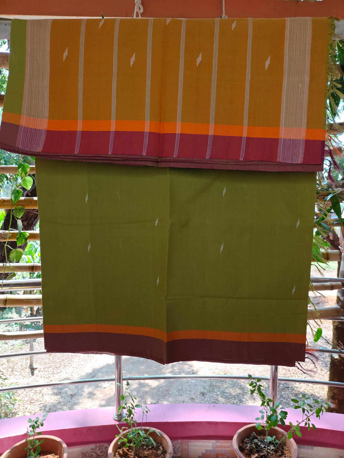 SriNakshGeeth Udupi Handloom GI Tagged Saree – Mustard & Parrot Green Kalpana Special 60 Count with leaf motif hand embroidery