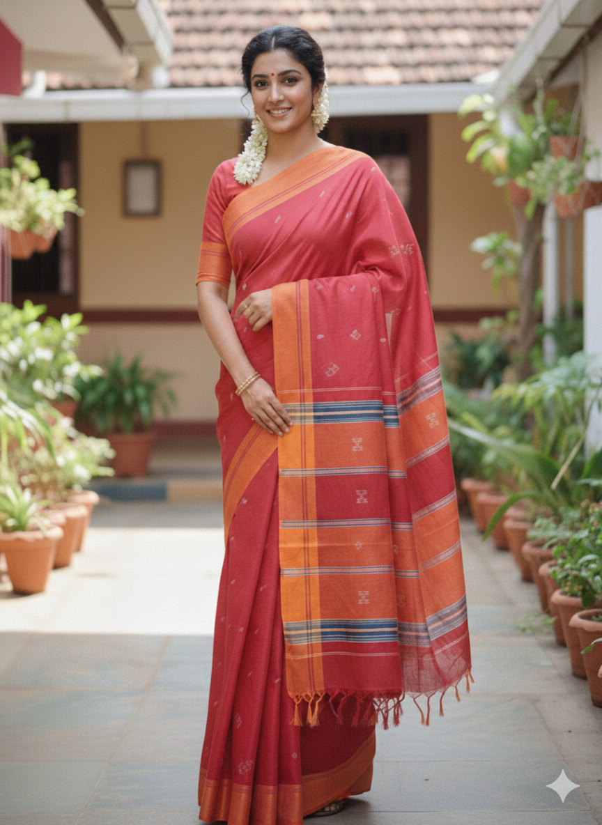 SriNakshGeeth Udupi Handloom GI Tagged Saree – Pink & Orange Sudha Special 60 Count (Leaf Motif Embroidery)