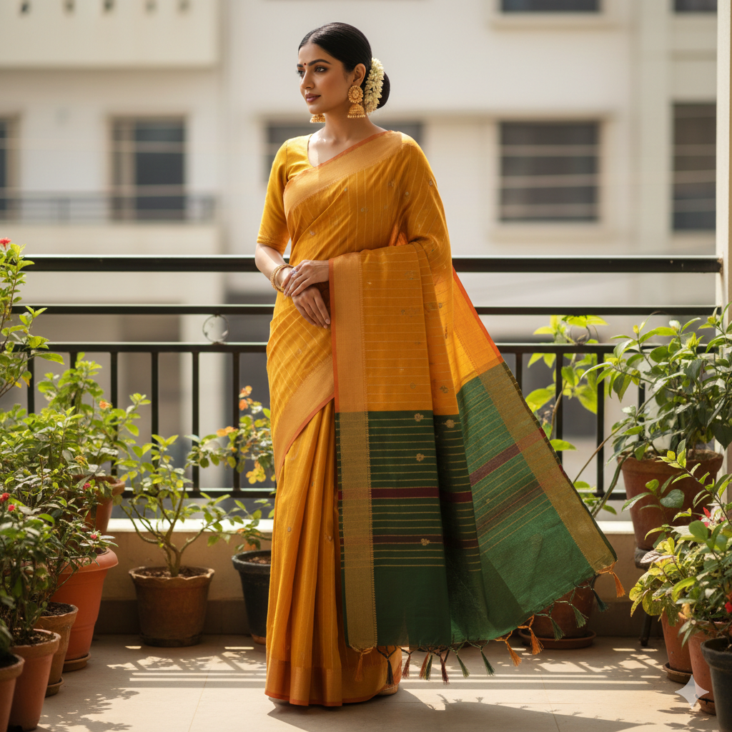 SriNakshGeeth Udupi Handloom GI Tagged Saree – Mustard Yellow with Mahanadi Green Kalpana Special 60 Count(Leaf Motif Embroidery)