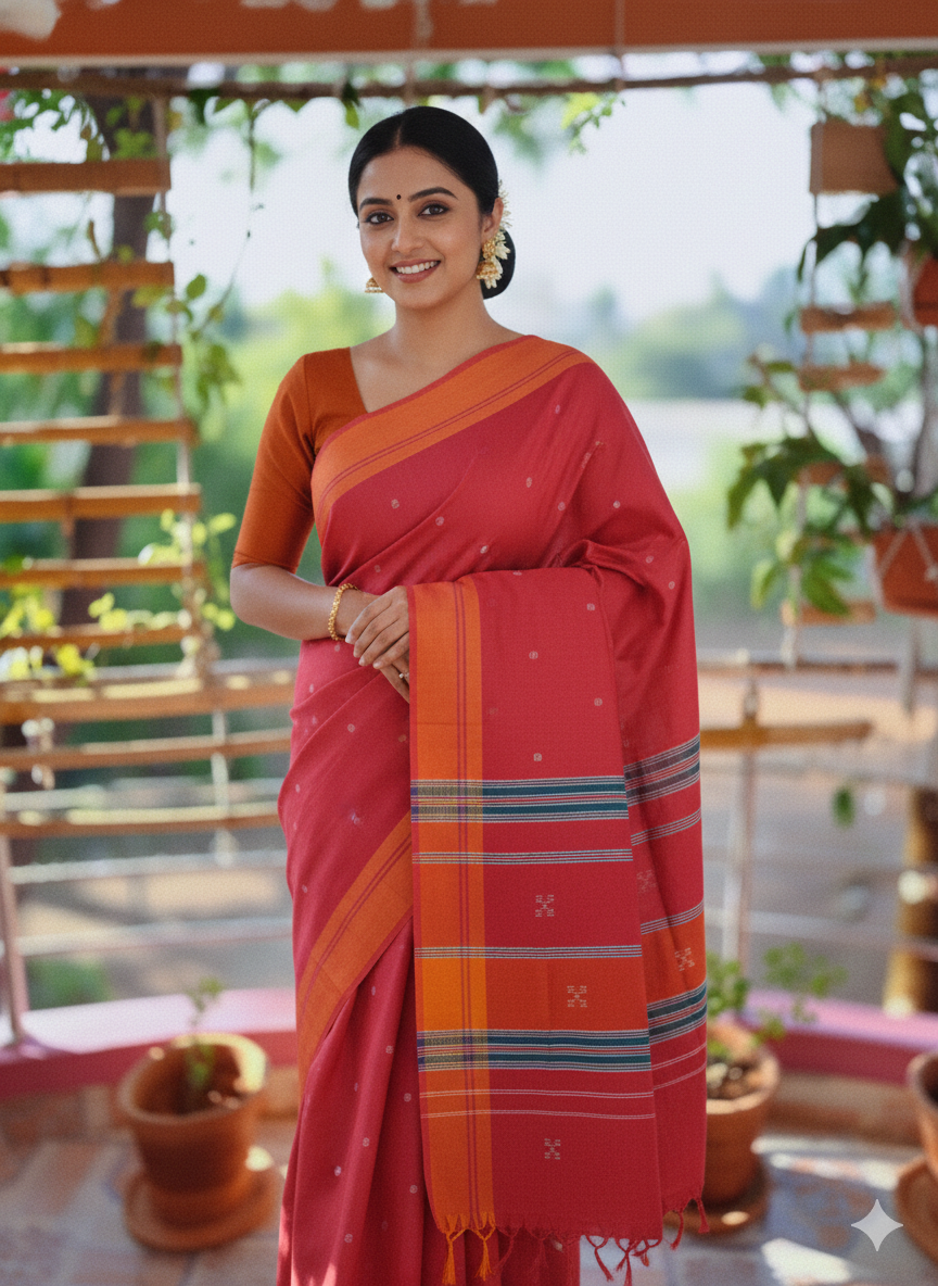 SriNakshGeeth Udupi Handloom GI Tagged Saree – Pink & Orange Sudha Special 60 Count (Classic Butta Embroidery)