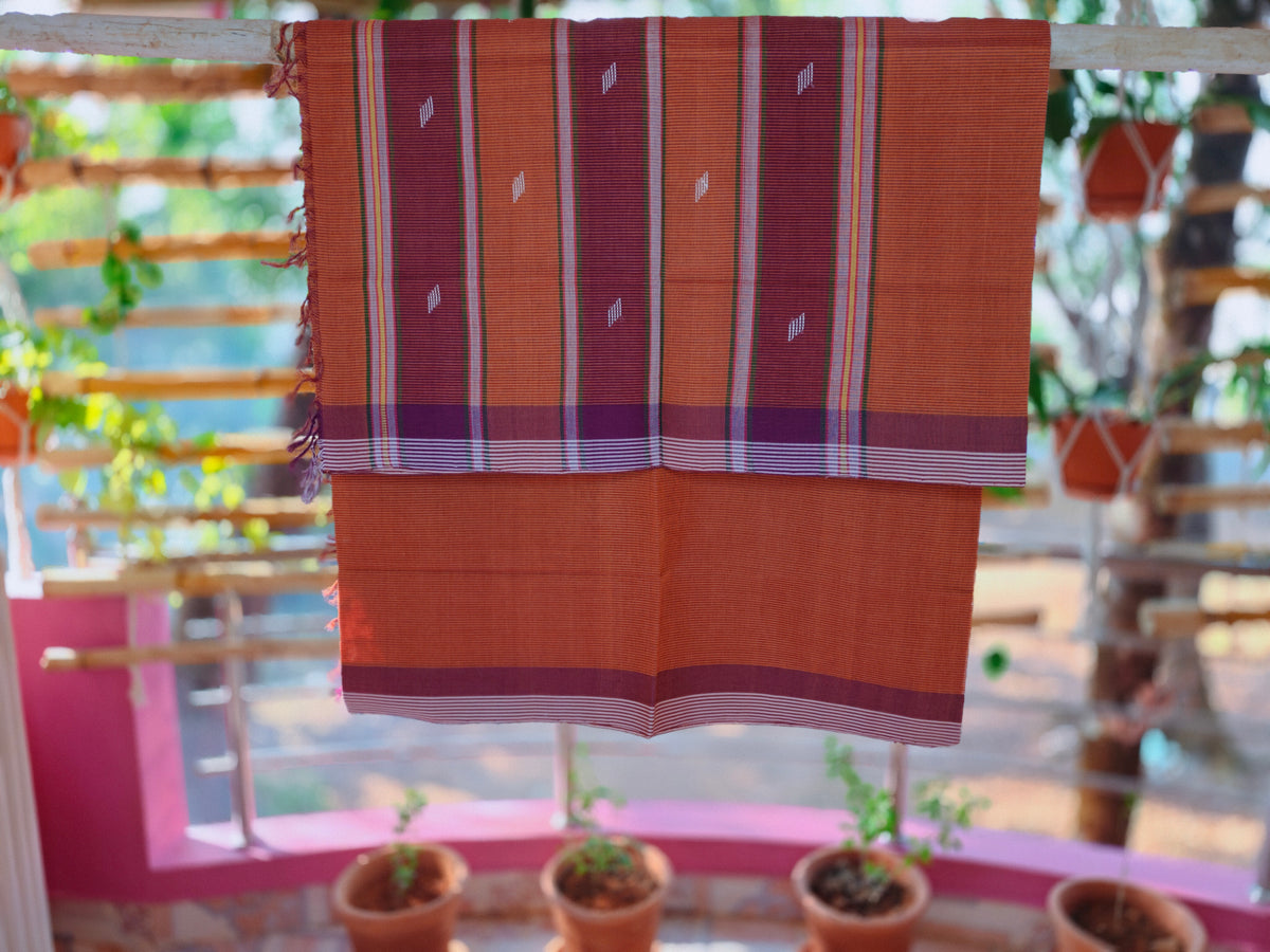 SriNakshGeeth Udupi Handloom  GI Tagged Saree – Rust Peach & Rust Brown Sujatha Special 60 Count