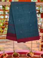 SriNakshGeeth Udupi Handloom GI Tagged Saree – Dusty Rose & Teal Kalpana Special 80 Count with Chandrika Butta Embroidery