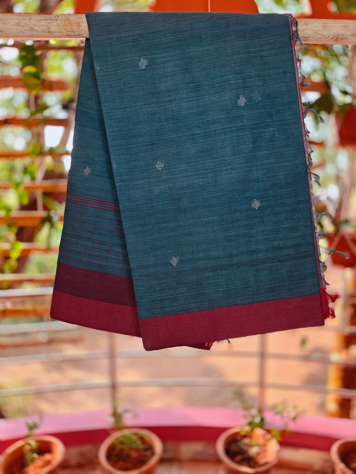 SriNakshGeeth Udupi Handloom GI Tagged Saree – Dusty Rose & Teal Kalpana Special 80 Count with Chandrika Butta Embroidery