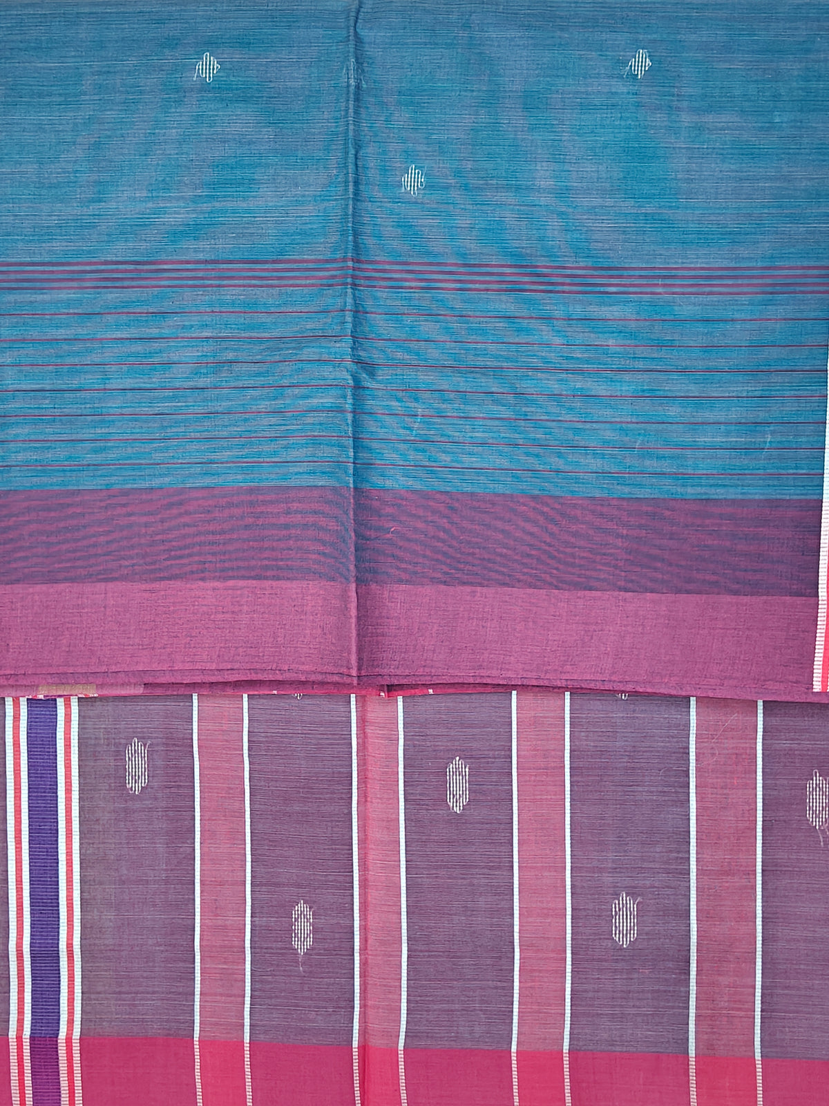 SriNakshGeeth Udupi Handloom GI Tagged Saree – Dusty Rose & Teal Kalpana Special 80 Count with Chandrika Butta Embroidery
