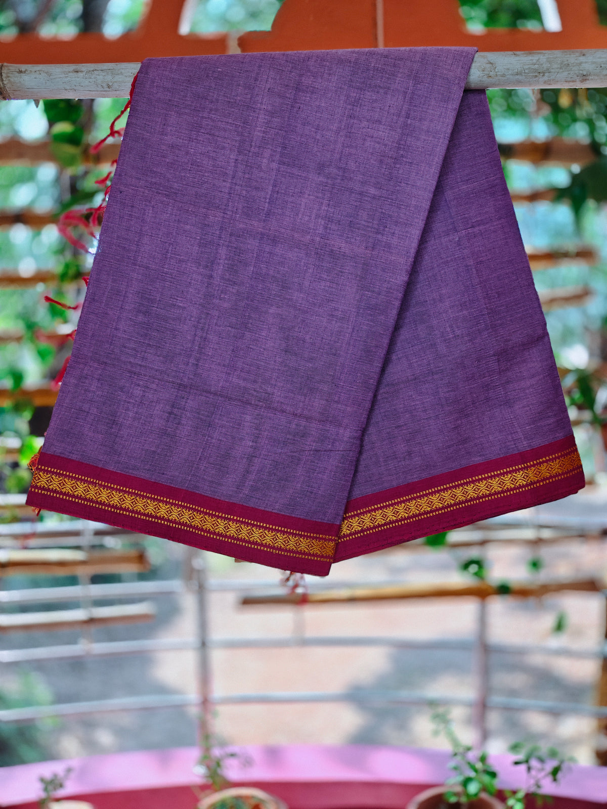 SriNakshGeeth Udupi Handloom GI Tagged Saree – Dark Lavender & Deep Pink Sudha Special 60 Count