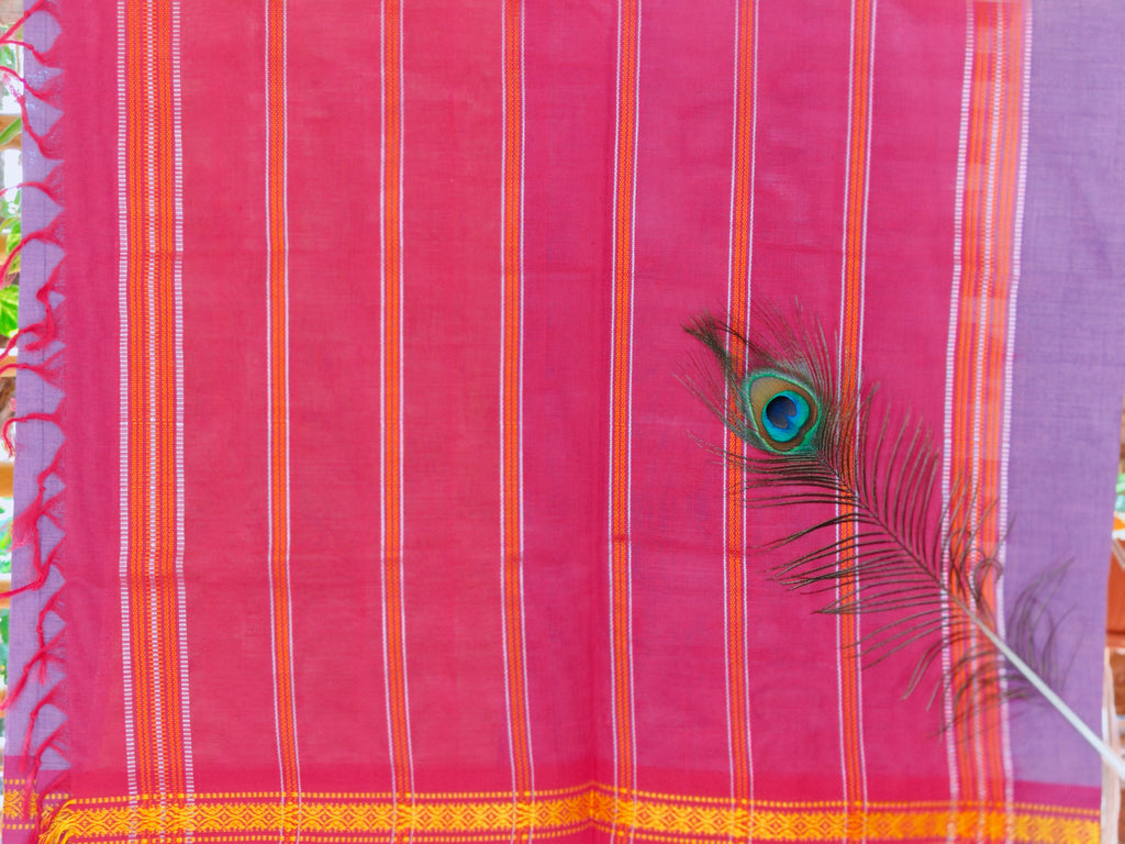 SriNakshGeeth Udupi Handloom GI Tagged Saree – Dark Lavender & Deep Pink Sudha Special 60 Count