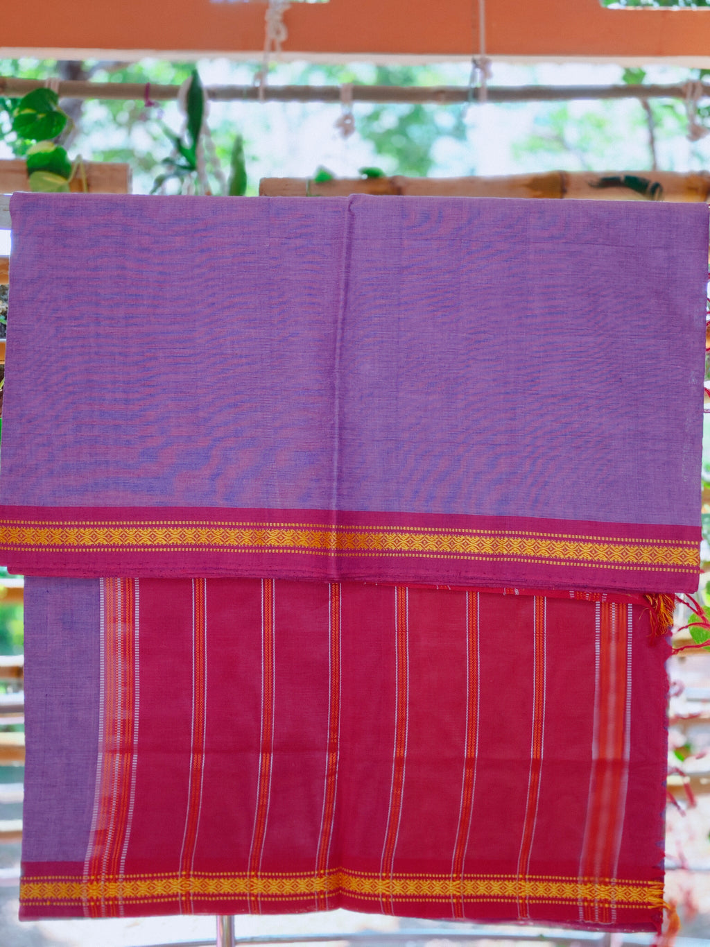 SriNakshGeeth Udupi Handloom GI Tagged Saree – Dark Lavender & Deep Pink Sudha Special 60 Count