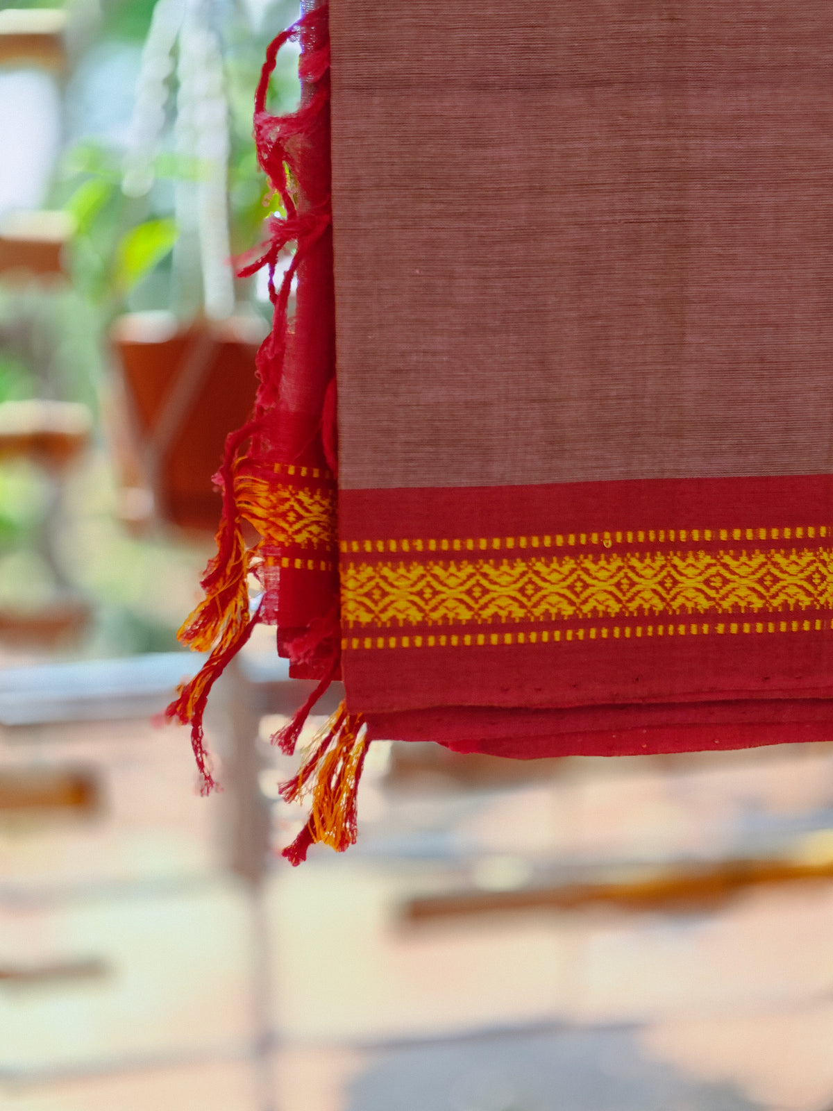 SriNakshGeeth Udupi Handloom GI Tagged Saree – Muted Peach Pink & Deep Pink Sudha Special 60 Count