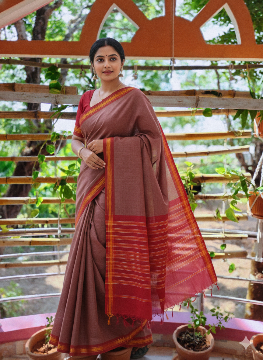 SriNakshGeeth Udupi Handloom GI Tagged Saree – Muted Peach Pink & Deep Pink Sudha Special 60 Count