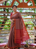 SriNakshGeeth Udupi Handloom GI Tagged Saree – Muted Peach Pink & Deep Pink Sudha Special 60 Count