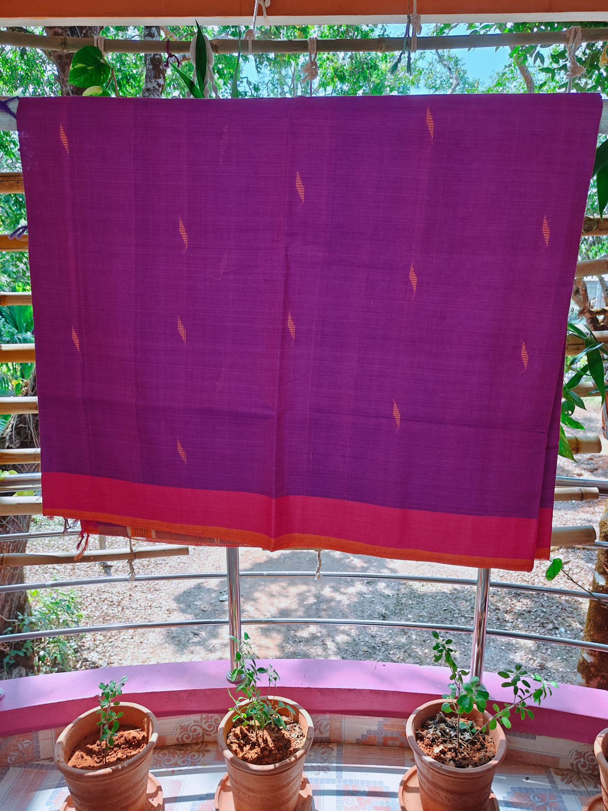 SriNakshGeeth Udupi Handloom GI Tagged Saree – Royal Purple & Rani Pink Leaf Motif  hand Embroidery Kalpana Special 60 Count