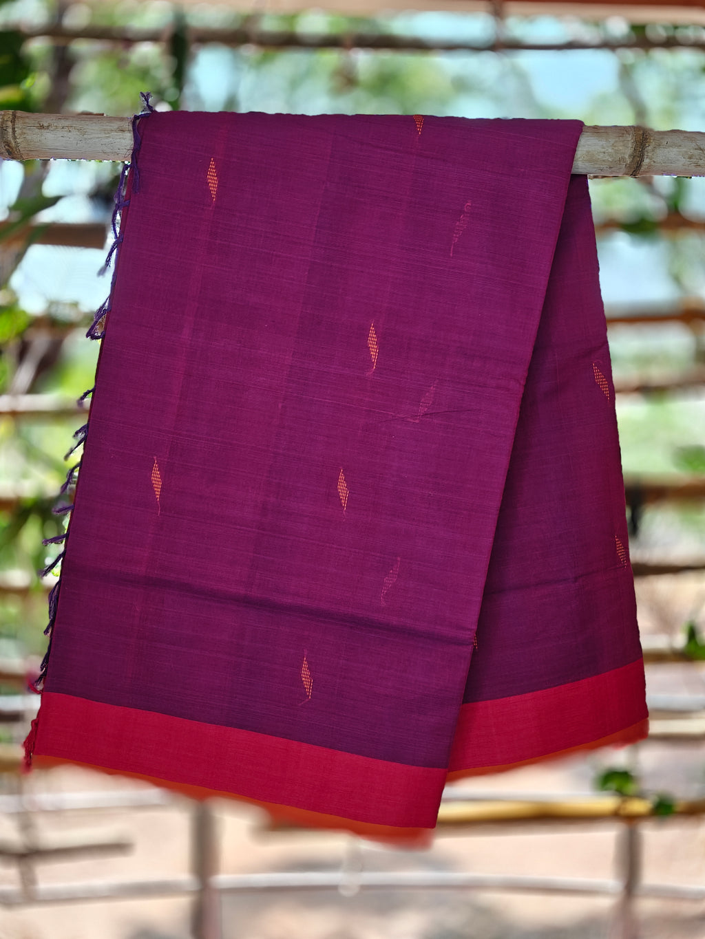 SriNakshGeeth Udupi Handloom GI Tagged Saree – Royal Purple & Rani Pink Leaf Motif  hand Embroidery Kalpana Special 60 Count