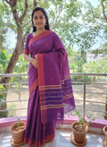 SriNakshGeeth Udupi Handloom GI Tagged Saree – Royal Purple & Rani Pink Leaf Motif  hand Embroidery Kalpana Special 60 Count
