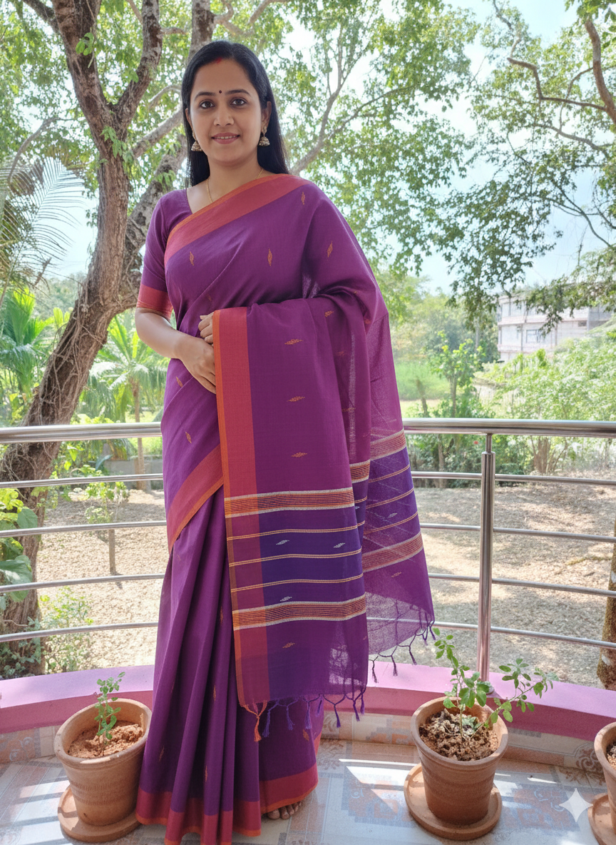 SriNakshGeeth Udupi Handloom GI Tagged Saree – Royal Purple & Rani Pink Leaf Motif  hand Embroidery Kalpana Special 60 Count