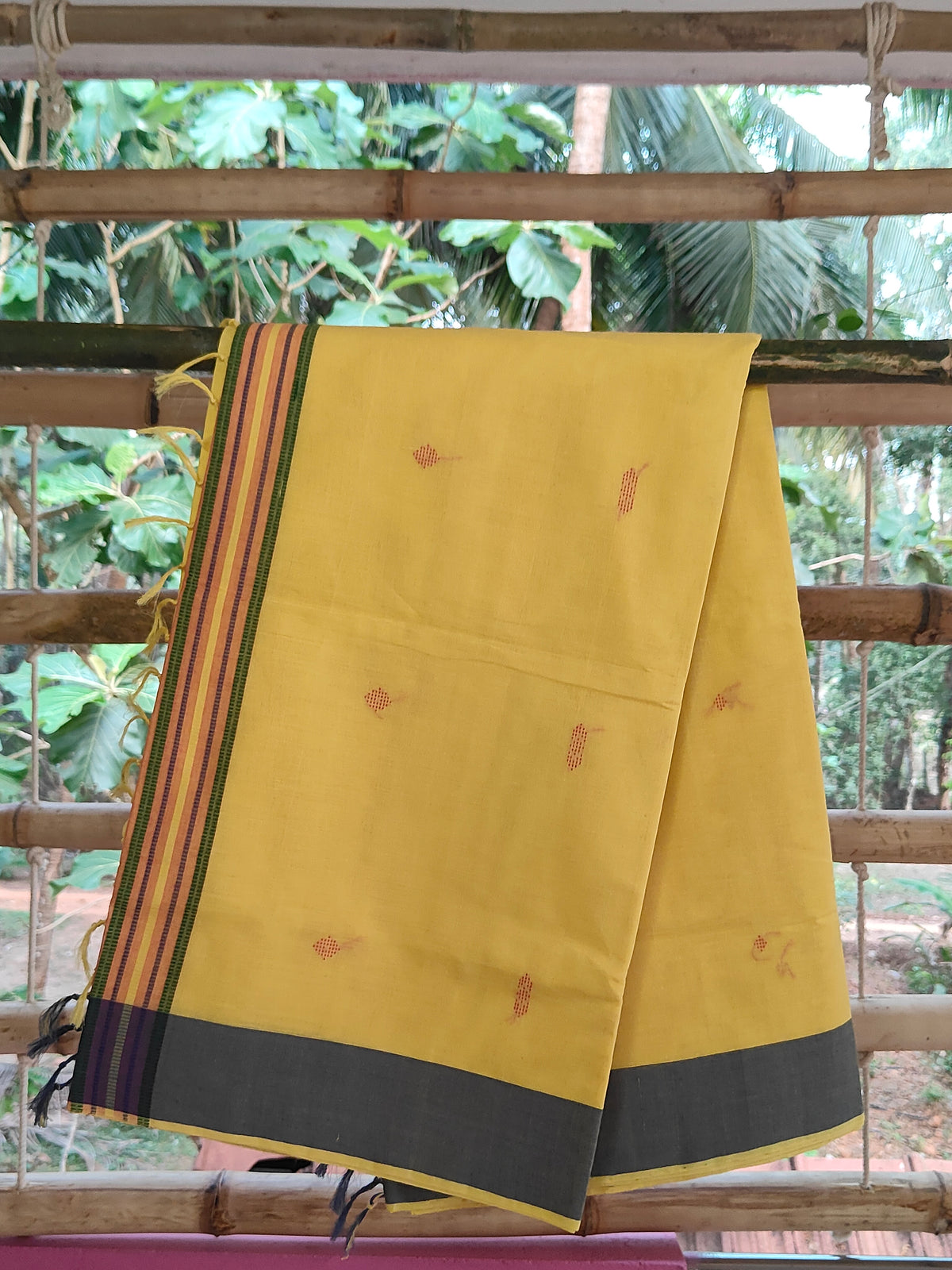 SriNakshGeeth Udupi Handloom GI-Tagged Saree – Golden Mustard with Vibrant Orange Pallu Kalpana Special 60 Count with Chandrika Drop Butta