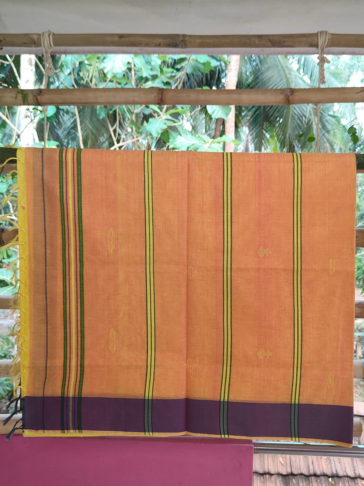 SriNakshGeeth Udupi Handloom GI-Tagged Saree – Golden Mustard with Vibrant Orange Pallu Kalpana Special 60 Count with Chandrika Drop Butta