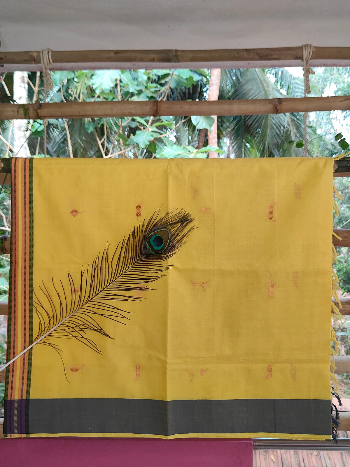 SriNakshGeeth Udupi Handloom GI-Tagged Saree – Golden Mustard with Vibrant Orange Pallu Kalpana Special 60 Count with Chandrika Drop Butta