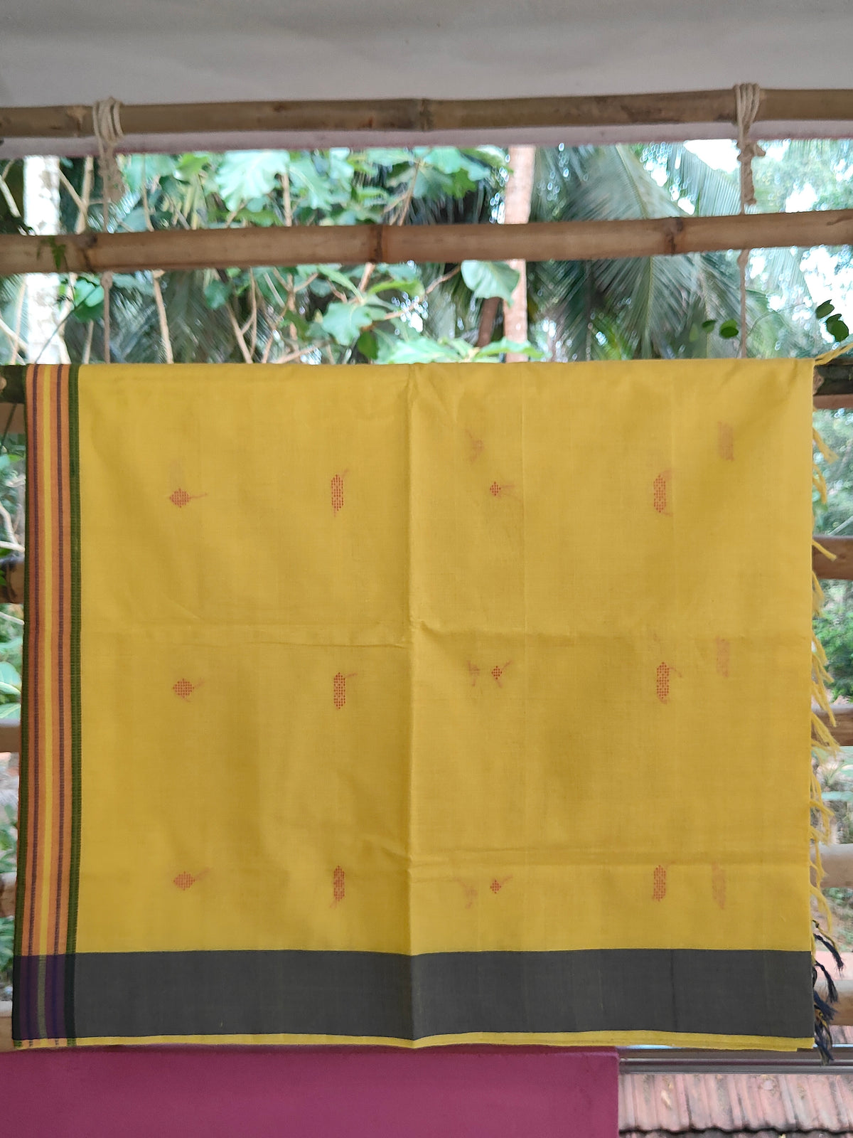 SriNakshGeeth Udupi Handloom GI-Tagged Saree – Golden Mustard with Vibrant Orange Pallu Kalpana Special 60 Count with Chandrika Drop Butta
