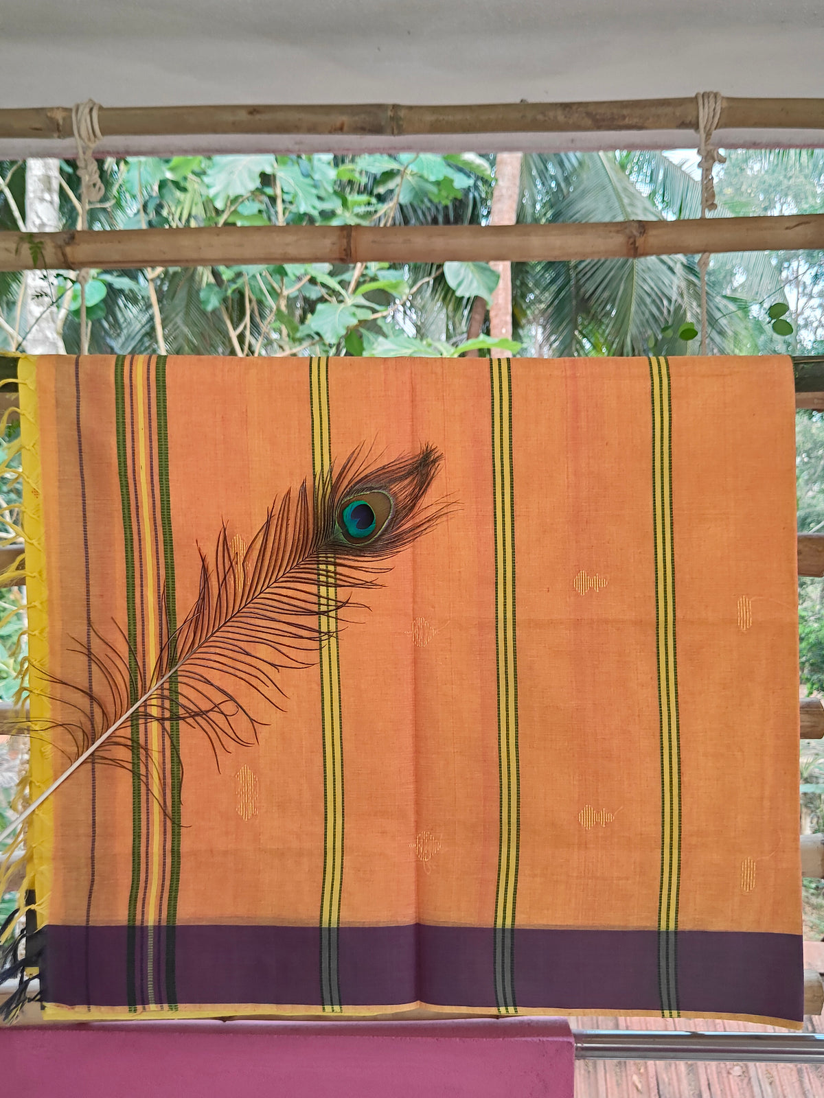 SriNakshGeeth Udupi Handloom GI-Tagged Saree – Golden Mustard with Vibrant Orange Pallu Kalpana Special 60 Count with Chandrika Drop Butta
