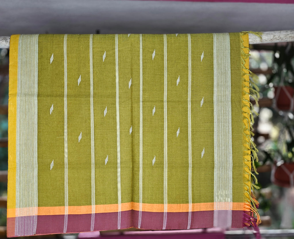SriNakshGeeth Udupi Handloom GI Tagged Saree – Mustard Yellow with Mahanadi Green Kalpana Special 60 Count(Leaf Motif Embroidery)