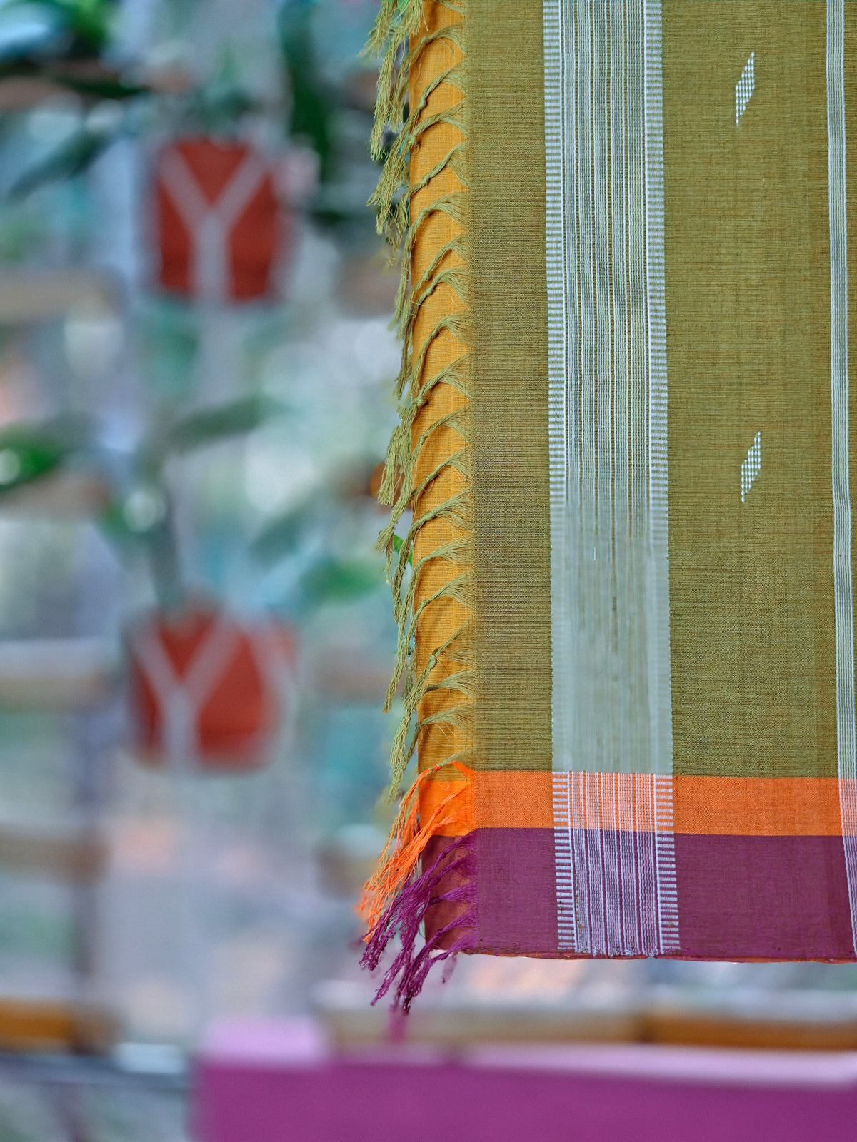 SriNakshGeeth Udupi Handloom GI Tagged Saree – Mustard Yellow with Mahanadi Green Kalpana Special 60 Count(Leaf Motif Embroidery)