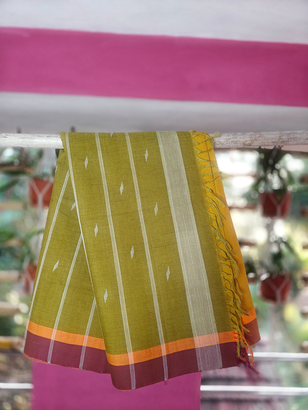 SriNakshGeeth Udupi Handloom GI Tagged Saree – Mustard Yellow with Mahanadi Green Kalpana Special 60 Count(Leaf Motif Embroidery)
