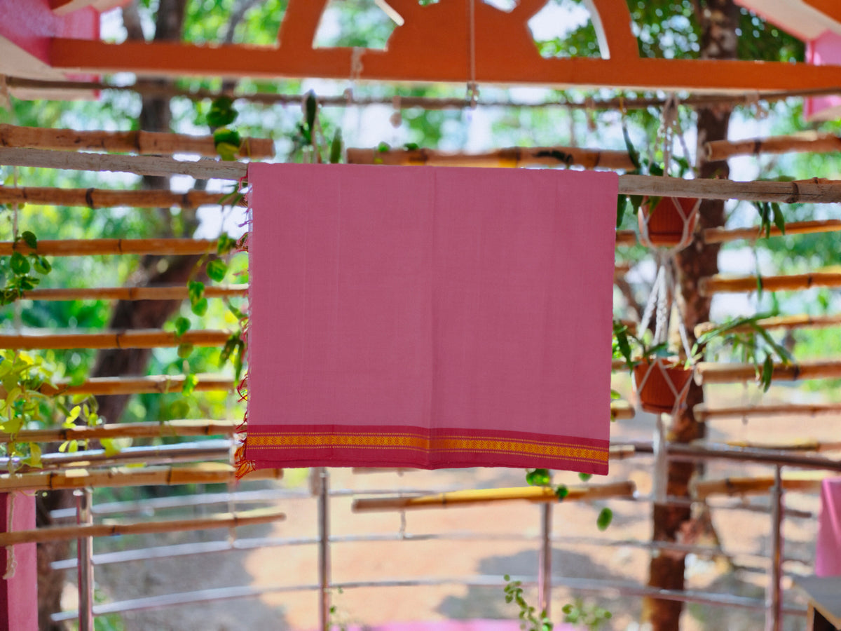 SriNakshGeeth Udupi Handloom GI Tagged Saree – Soft Blush Pink & Deep Coral Red Sudha Special 60 Count